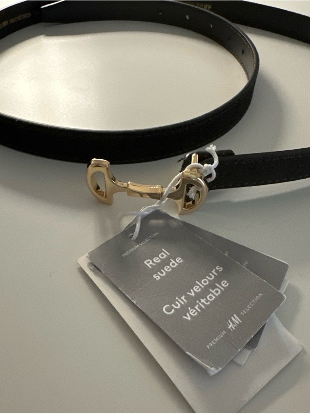 H&M Black Suede Belt with Gold Horsebit Detail